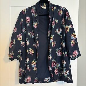 dRA Los Angeles pansy floral open front jacket shrug cardigan. One size. navy